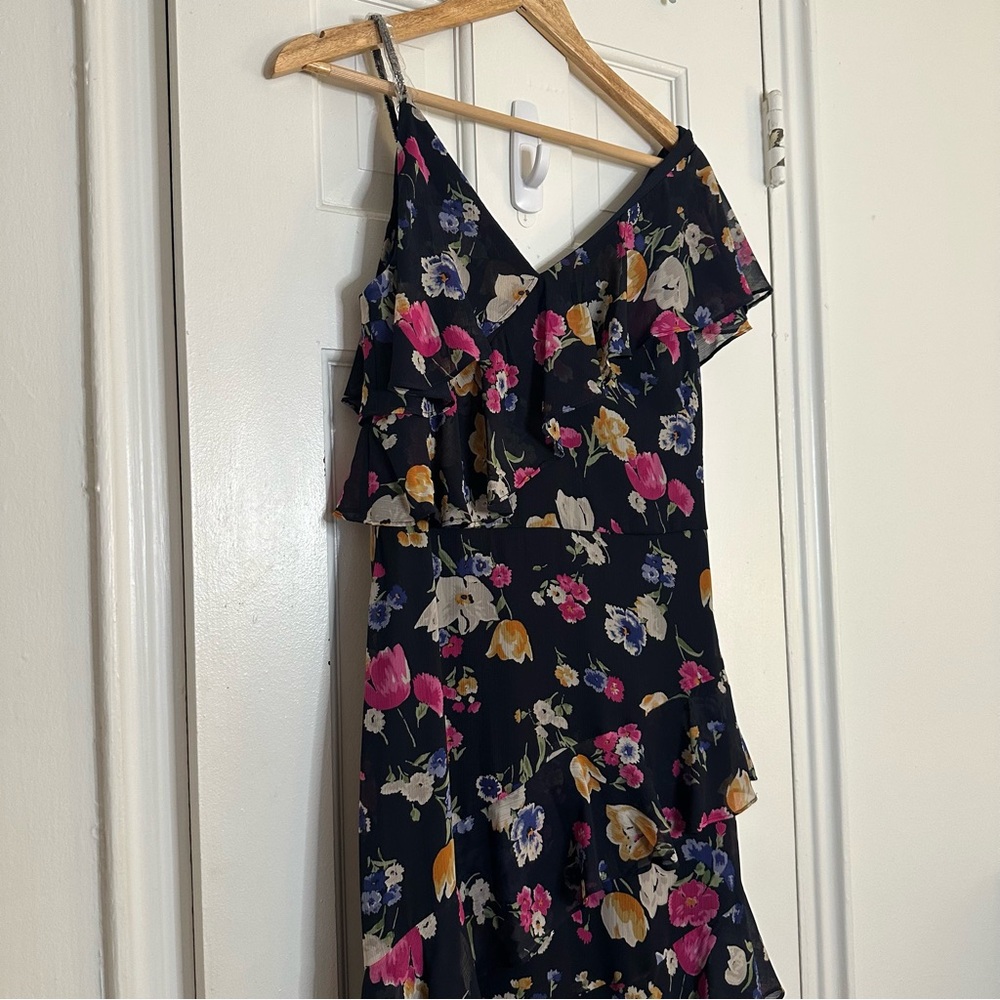 Lauren Ralph Lauren Floral Crinkled Georgette Dress Blue Tiered Ruffle Beaded 6 - Picture 8 of 12